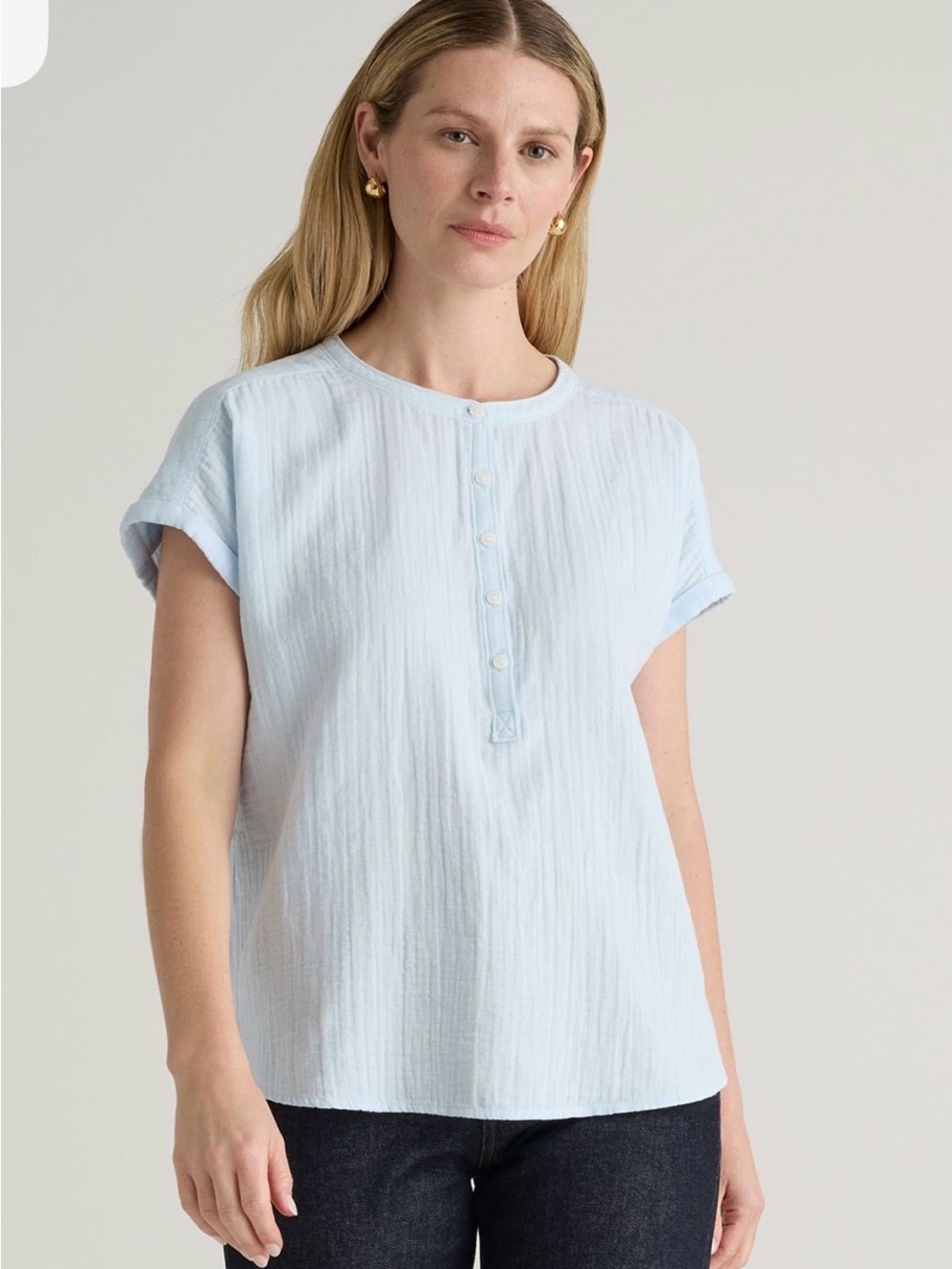 Quince 100% Organic Cotton Roll Sleeve Blouse Nantucket Blue Colorway Size M